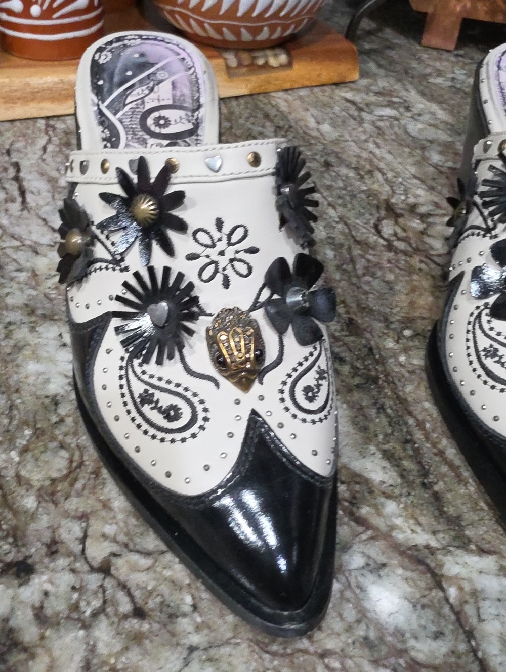 Kurt Geiger Black and White Floral Embellished Pointed Mules